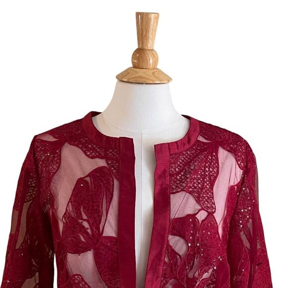 Chico's Travelers Red 3/4 Sleeve Embellished Sequined Sheer Evening Jacket, M - Picture 3 of 13